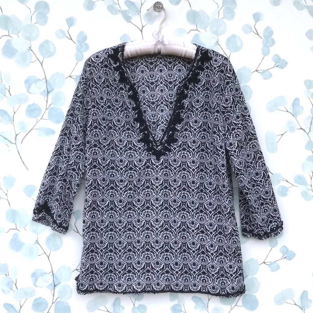 San Tropez West Womens Top Navy Blue & White Patterned Boho Blouse w/ Brocade